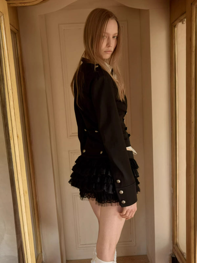 Metal Button Lace Chiffon Mini Skirt