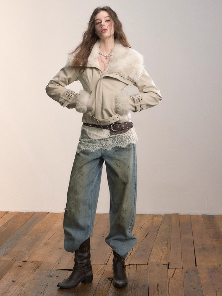 Faux Shearling Fur Collar Short Jacket