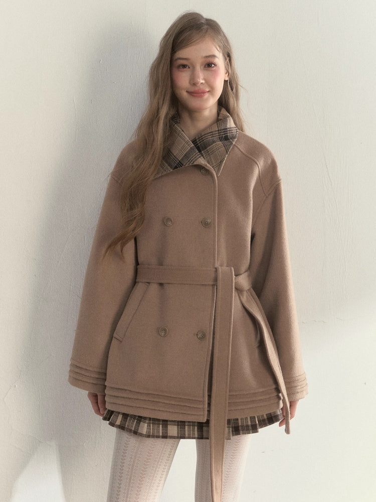 Plaid-Collar Double-Breasted Wool Coat