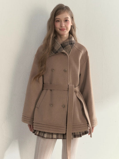 Plaid-Collar Double-Breasted Wool Coat