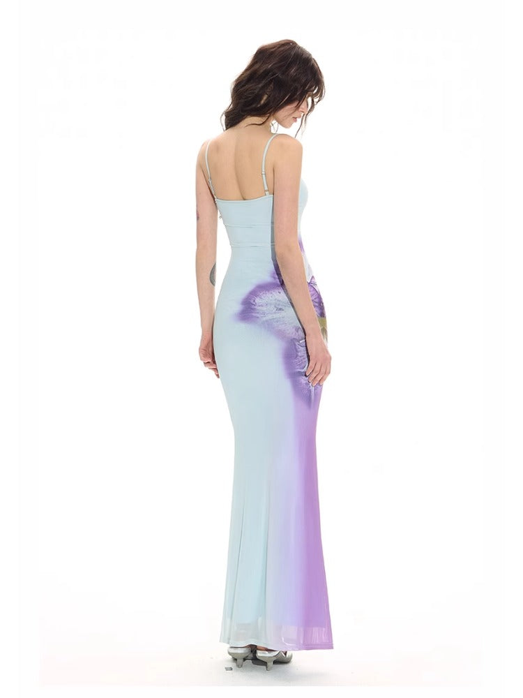 Blue 3D Gradient Floral Dress &amp; Vest Set