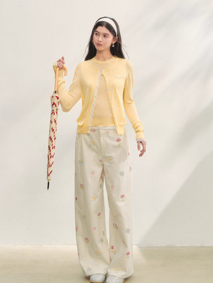 Lace Trimmed Crew Neck Knitted Cardigan Set
