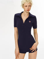 Love Order Polo Collar Slim-Fit Short-Sleeve Jumpsuit