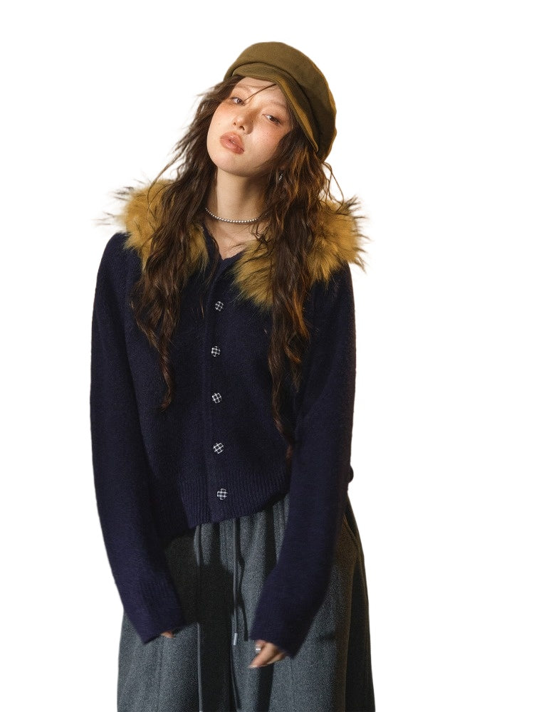 Detachable Fur Collar Fleece Hooded Cardigan