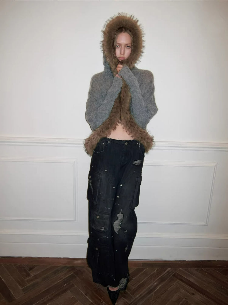 Mohair Collar Knit Shawl Cardigan