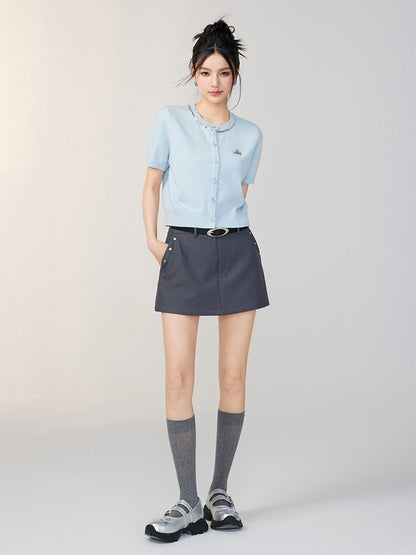Rhinestone Button Knitted Short-Sleeve Cardigan