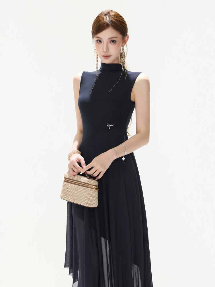 Navy Asymmetric Mock Neck Dress