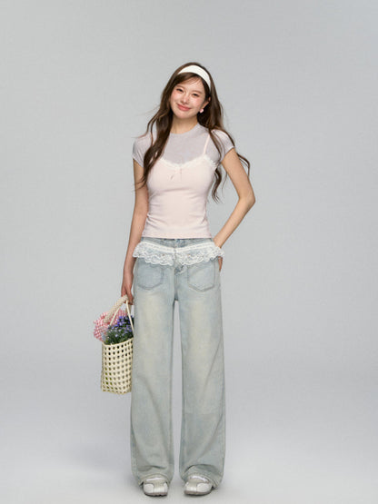 Lace-Trimmed Washed Straight-Leg Jeans Set
