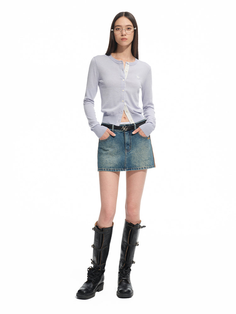 Vintage Washed Twill Patchwork Leather Straight Short Skirt