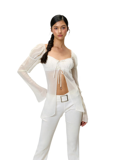 White &amp; Black Ruffle Chiffon Sun Blouse Set