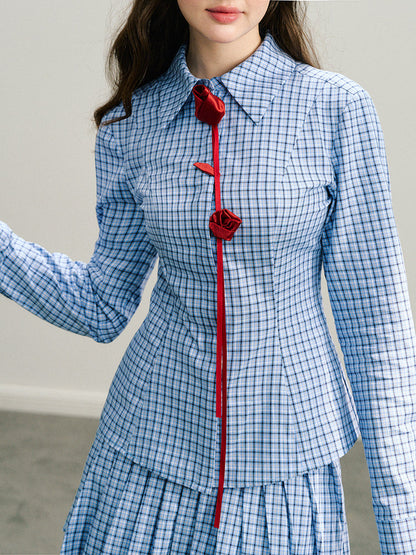 Navy Blue Rose Plaid Pleated Skirt