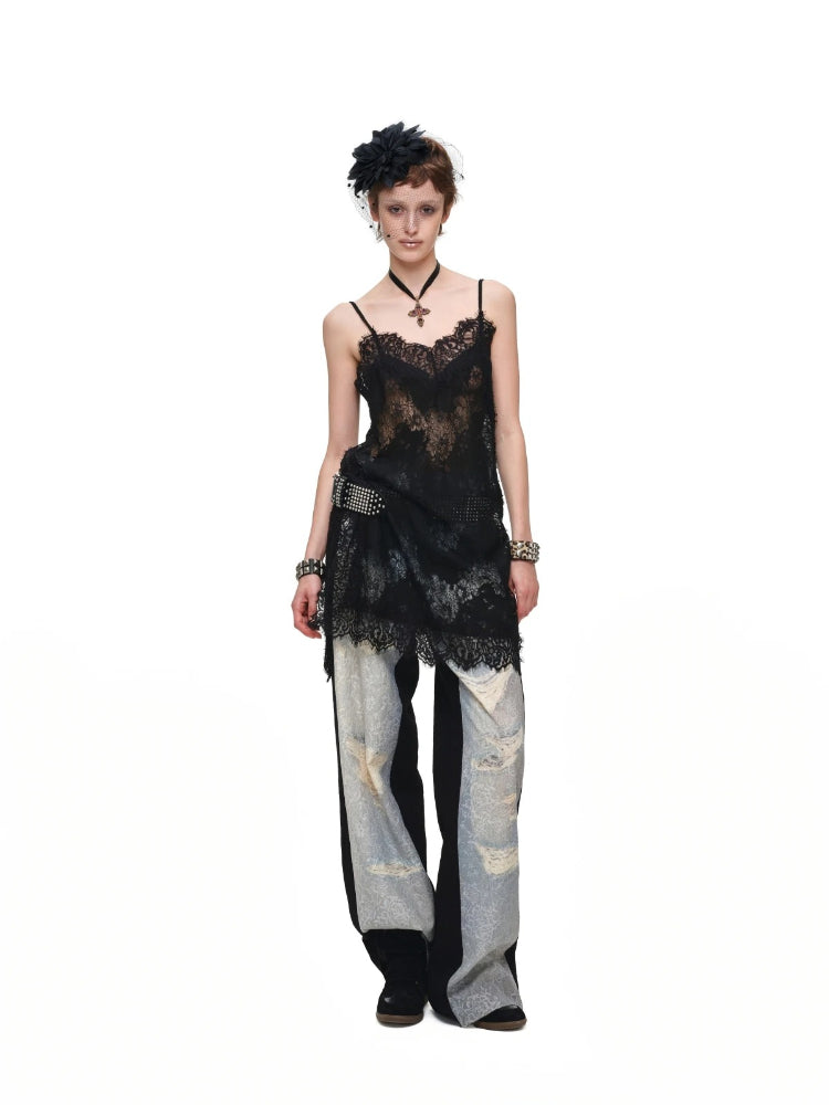 Lace Printed Wide Leg Jeans