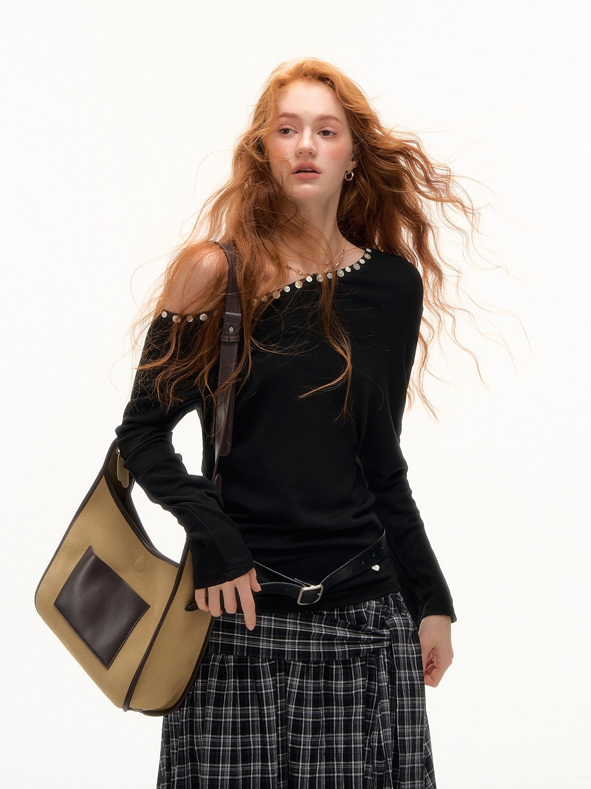 Off-Shoulder Pearl-Button Long-Sleeve T-Shirt