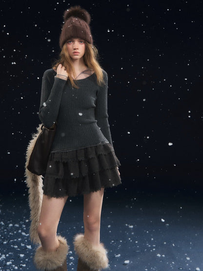 Lace-Panel Velvety Tiered Skirt