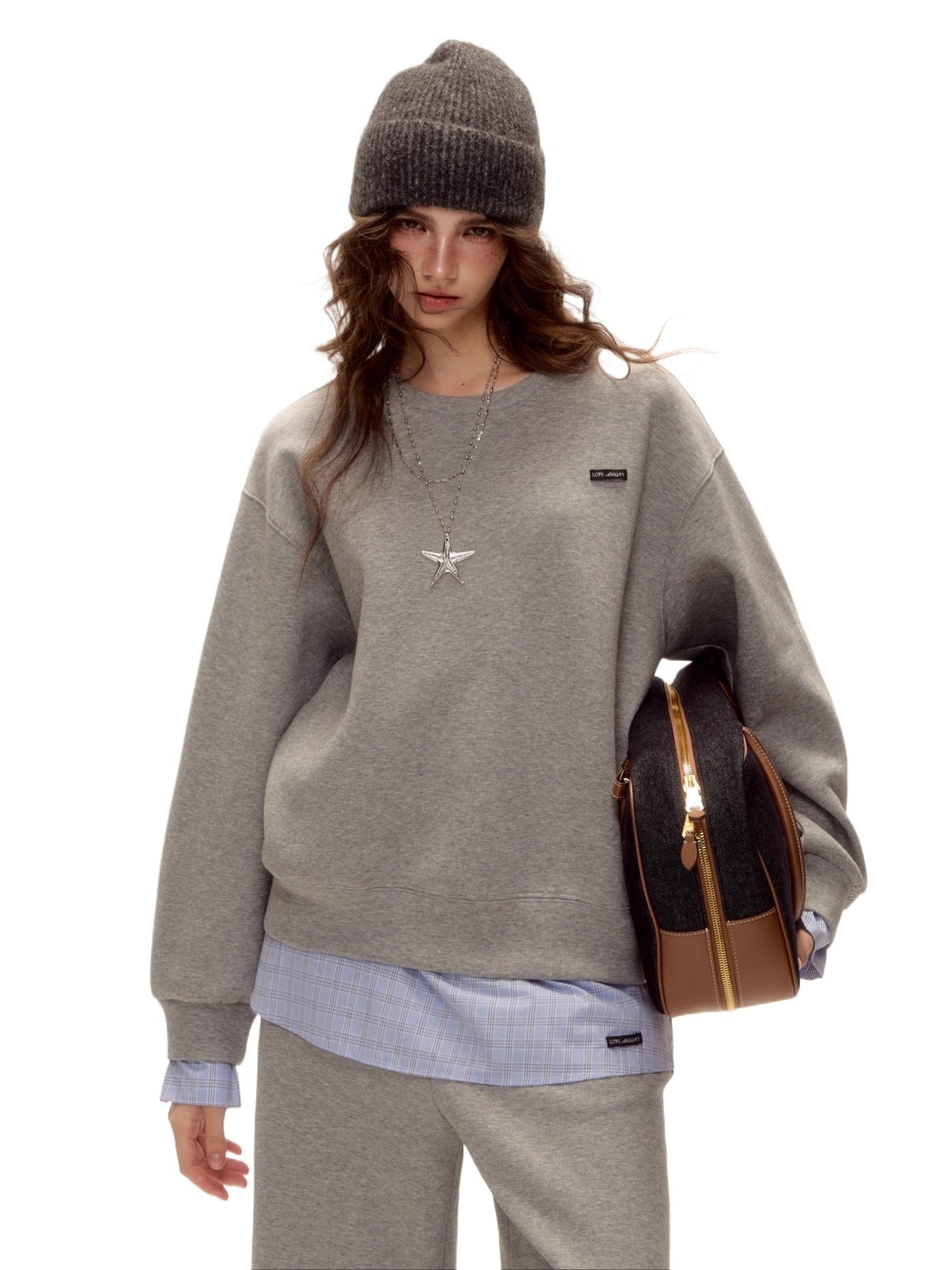 Plaid Trim Sweatshirt Set