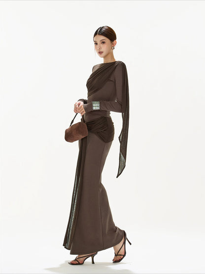 Brown Ruched Knit Blouse &amp; Skirt Set