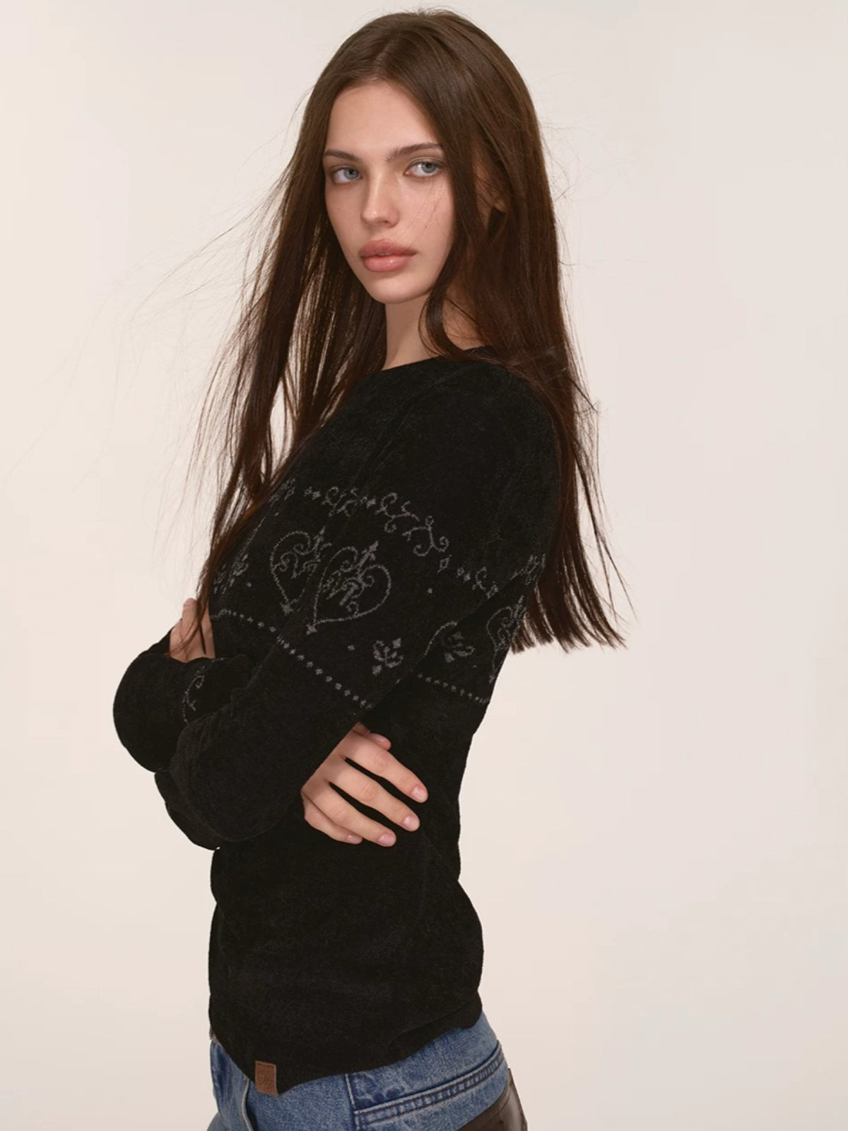 Heart Pattern Velvet Knit Sweater