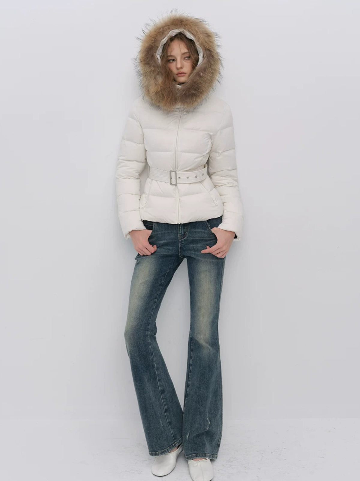 Fur Collar Belted Down Jacket