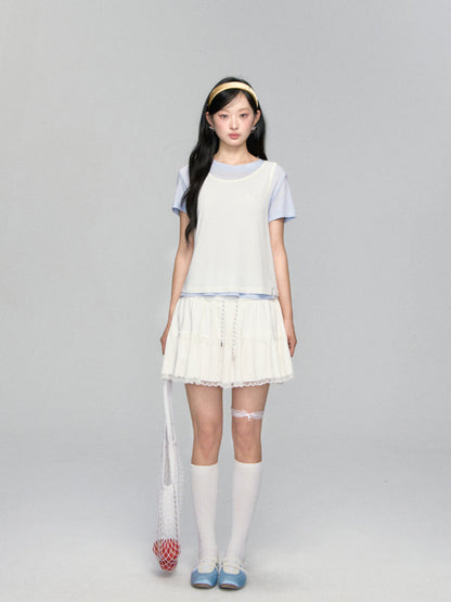 High-waisted Drawstring Lace-spliced Tiered Skirt