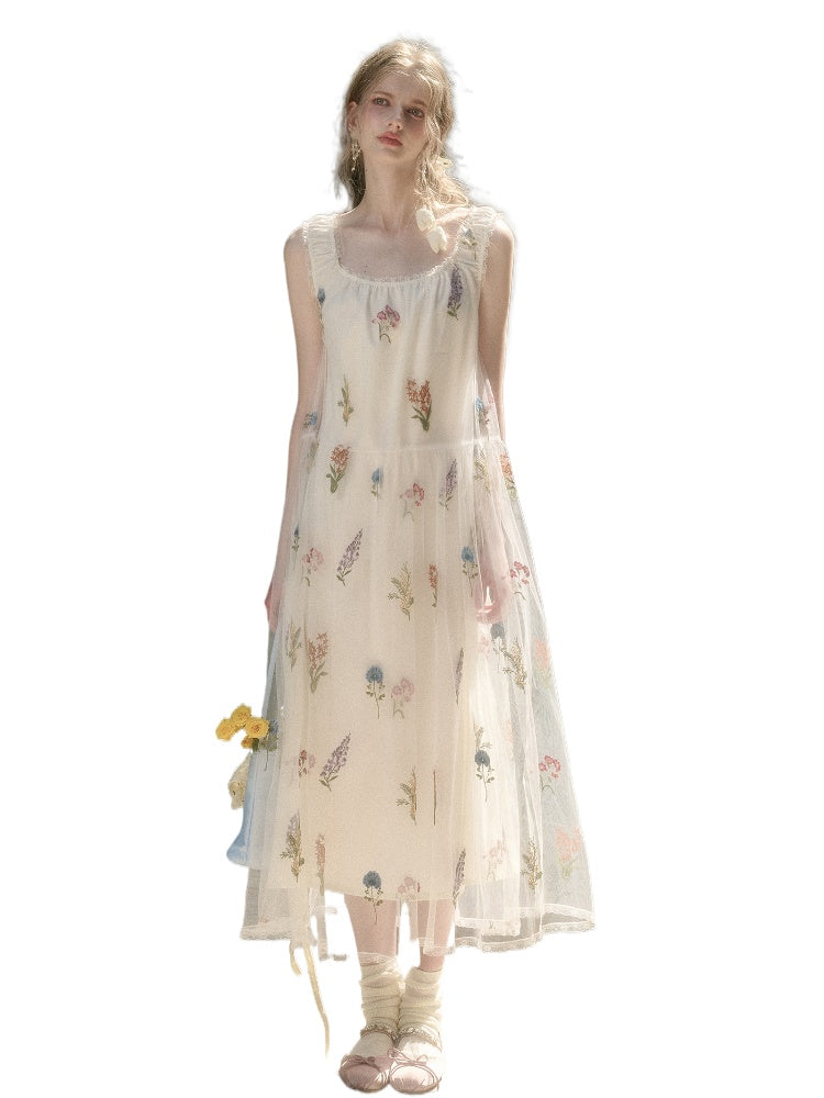 Gauze Flower Embroidered Double - Layer Sundress
