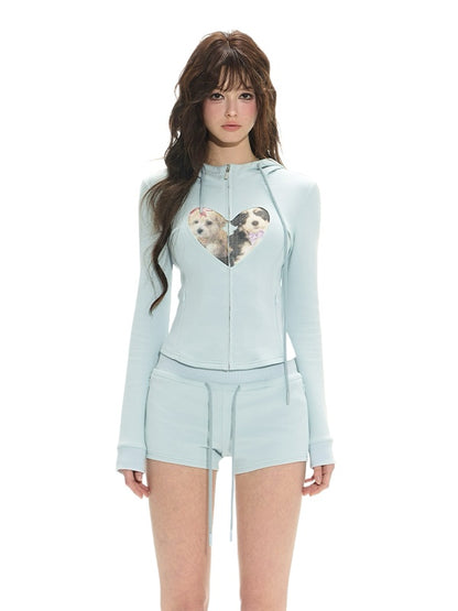 Blue Printed Slim Hoodie &amp; High-Waist Shorts Set
