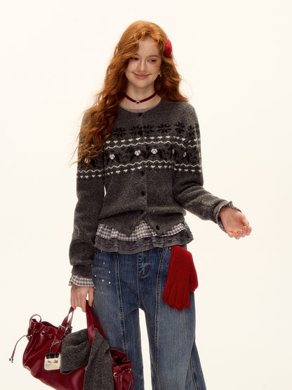 Fair Isle Knit Cardigan and Scarf Set