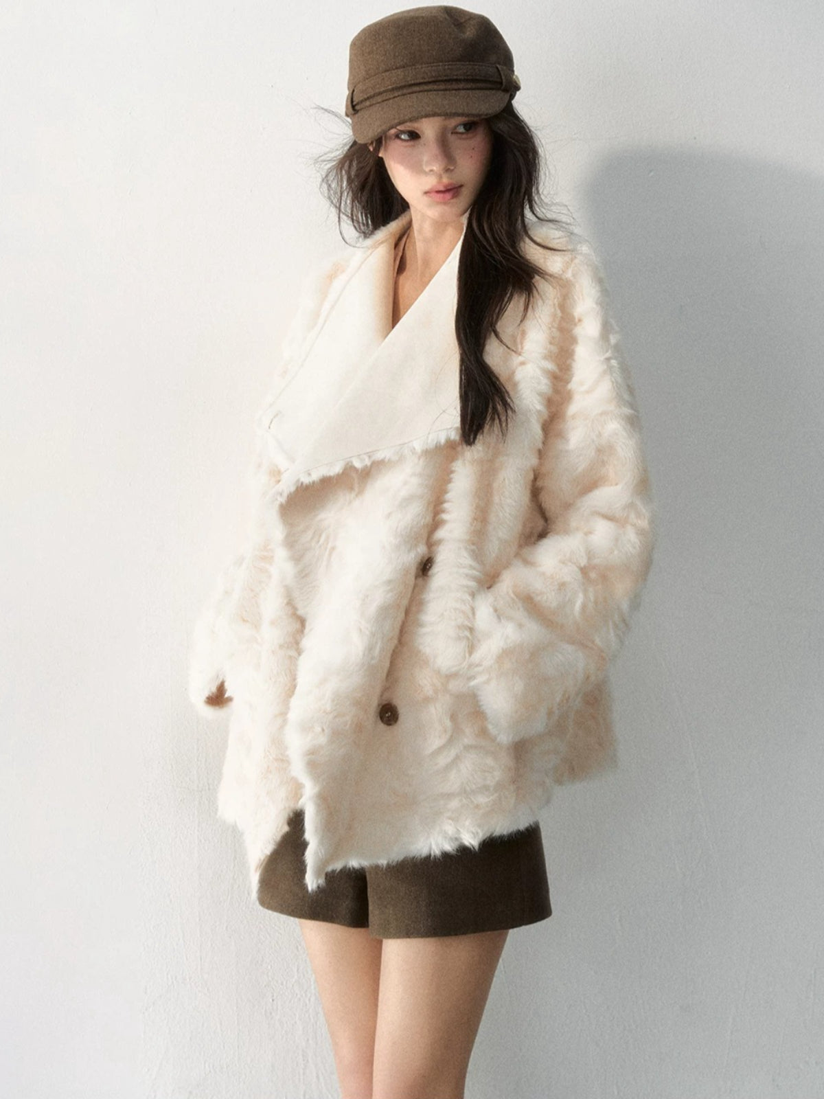 Asymmetric Collar Faux Fur Coat