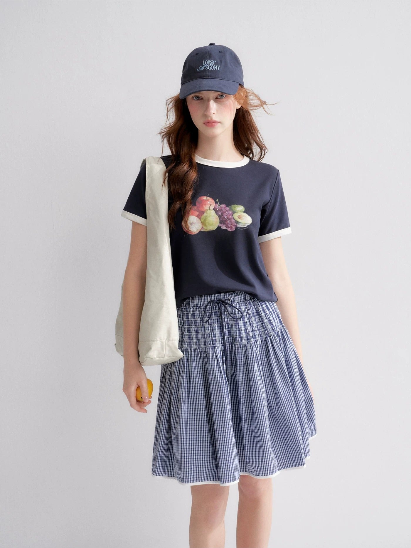 White And Blue Fruit Print Tee