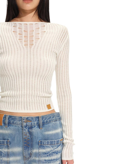 "Blue Ridge" V-Neck Openwork Knit Top