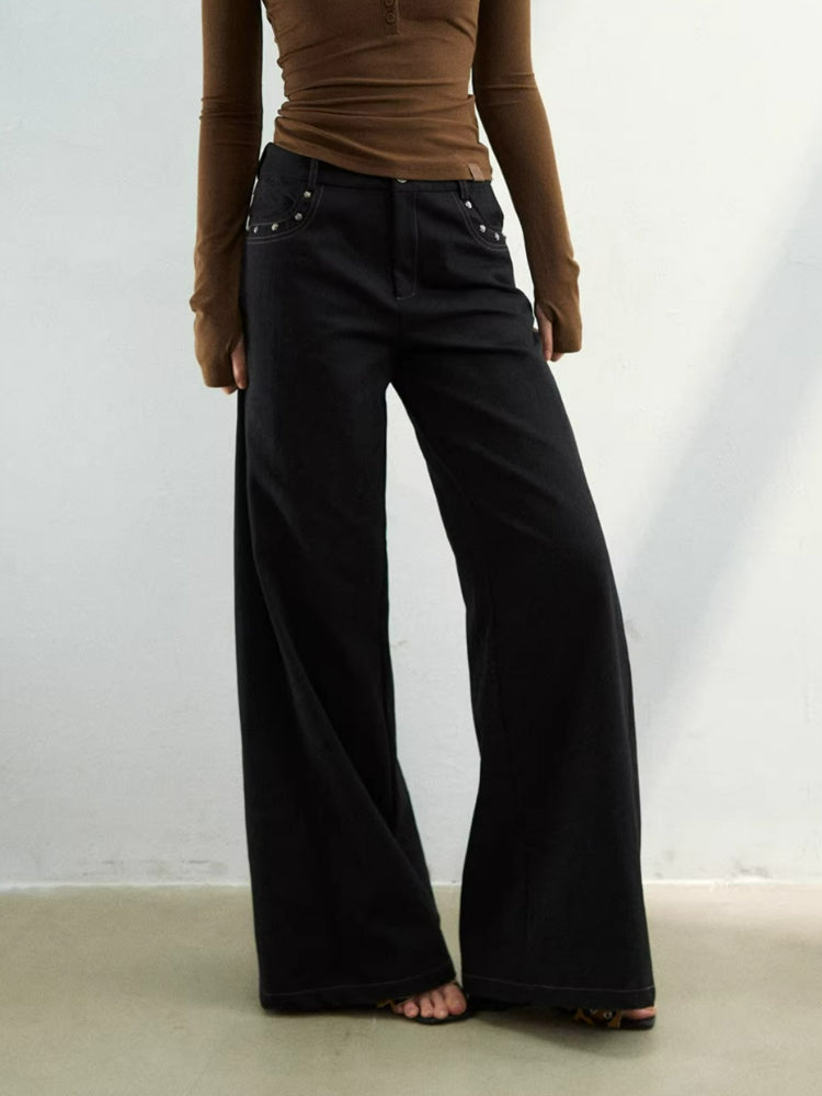 Wave Embroidered Wide-Leg Pants