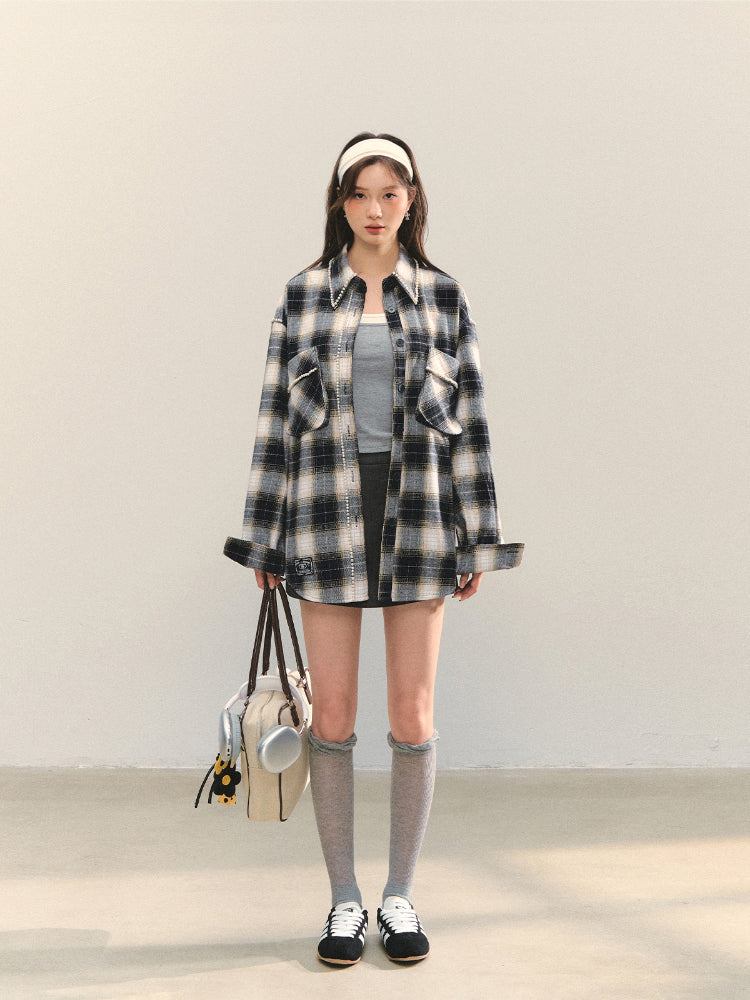 Pearl-Trimmed Polo-Neck Checkered Shirt