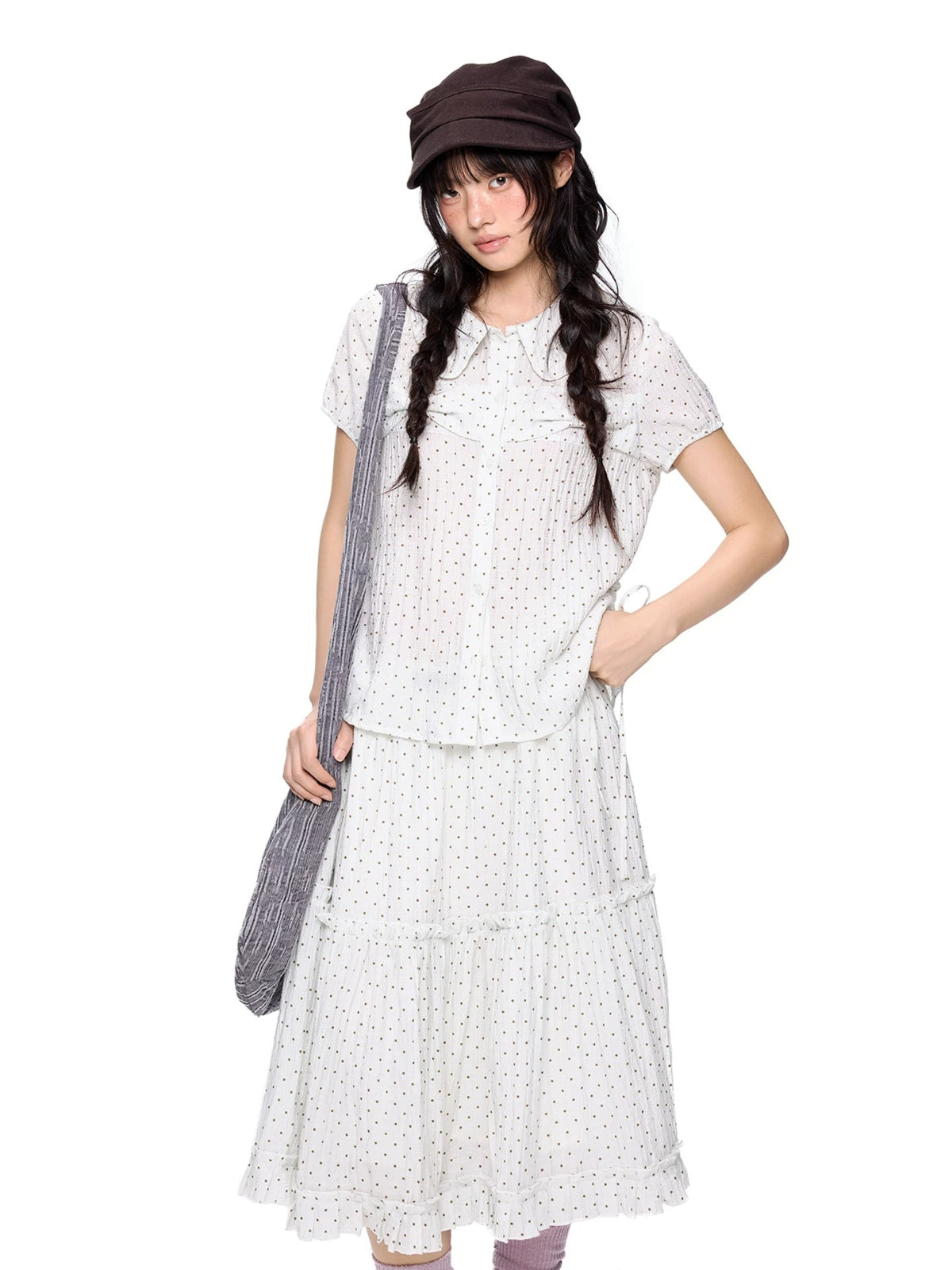 Polka Dot Collar Shirt &amp; Skirt Set