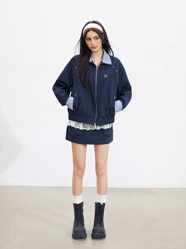 Navy Blue Plaid Patchwork Jacket