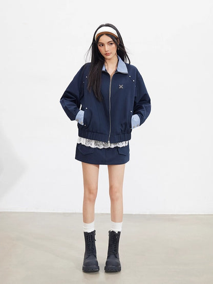 Navy Blue Plaid Patchwork Jacket