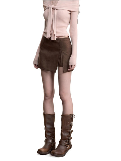 Brown Side-Slit Faux Suede Skort