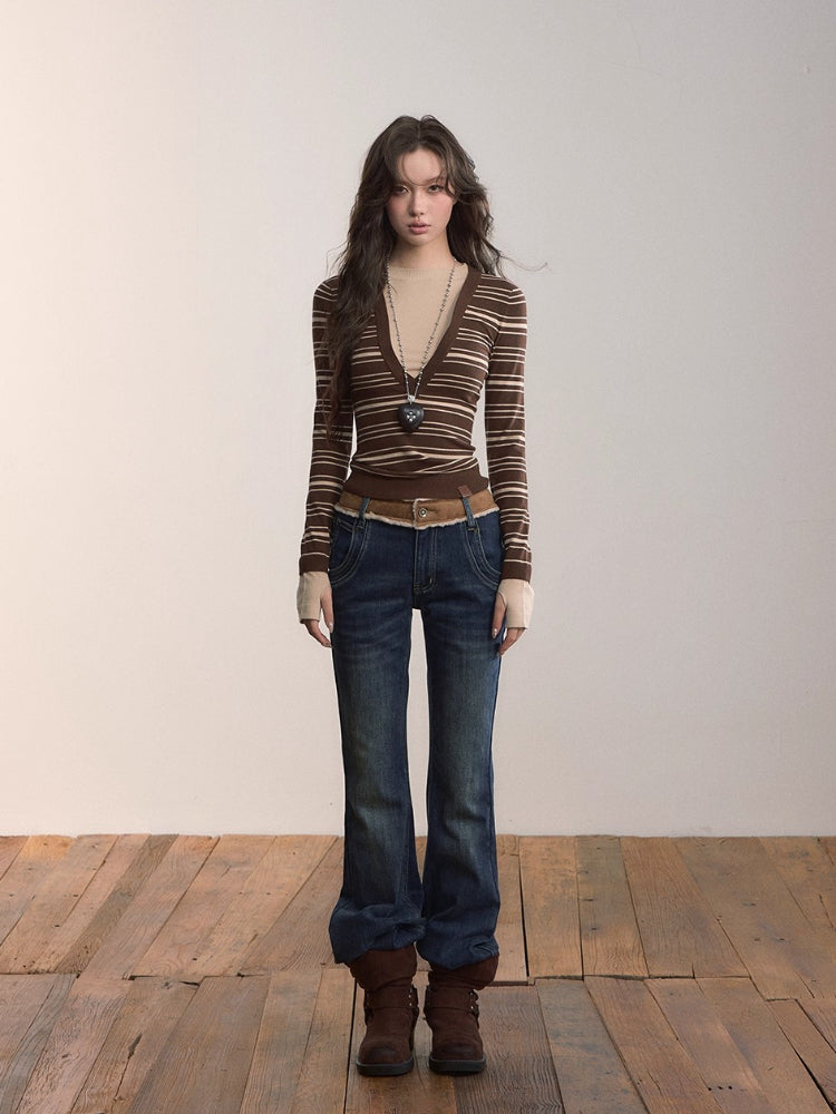Color-Blocked Faux Fur Waist Slim Flare Jeans
