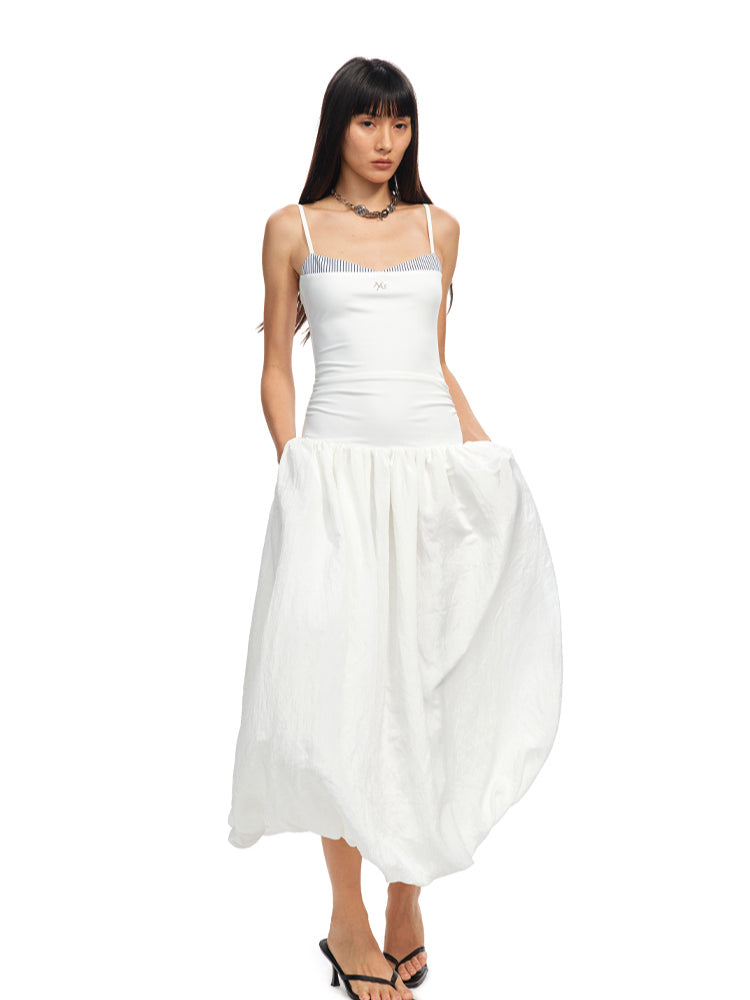 Color - Block Splicing Strappy Puff Dress