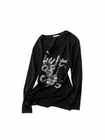 Cat Print Open-Back Long-Sleeve T-shirt