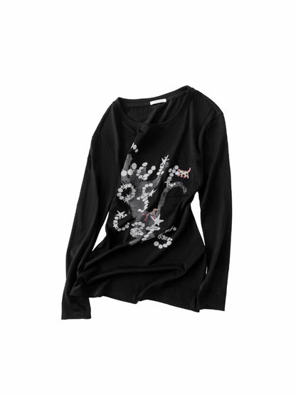 Cat Print Open-Back Long-Sleeve T-shirt