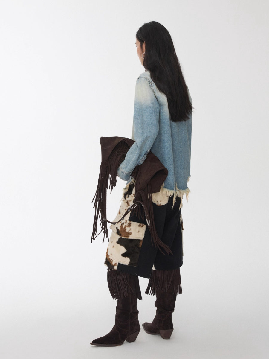 Vintage Washed Frayed-Edge Denim Shirt