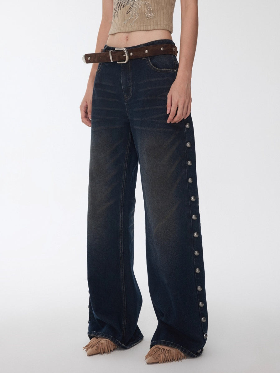 Mud-Dyed Washed Studded Straight-Leg Jeans