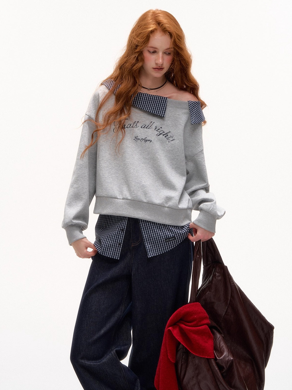 Plaid Embroidery Off-Shoulder Sweatshirt