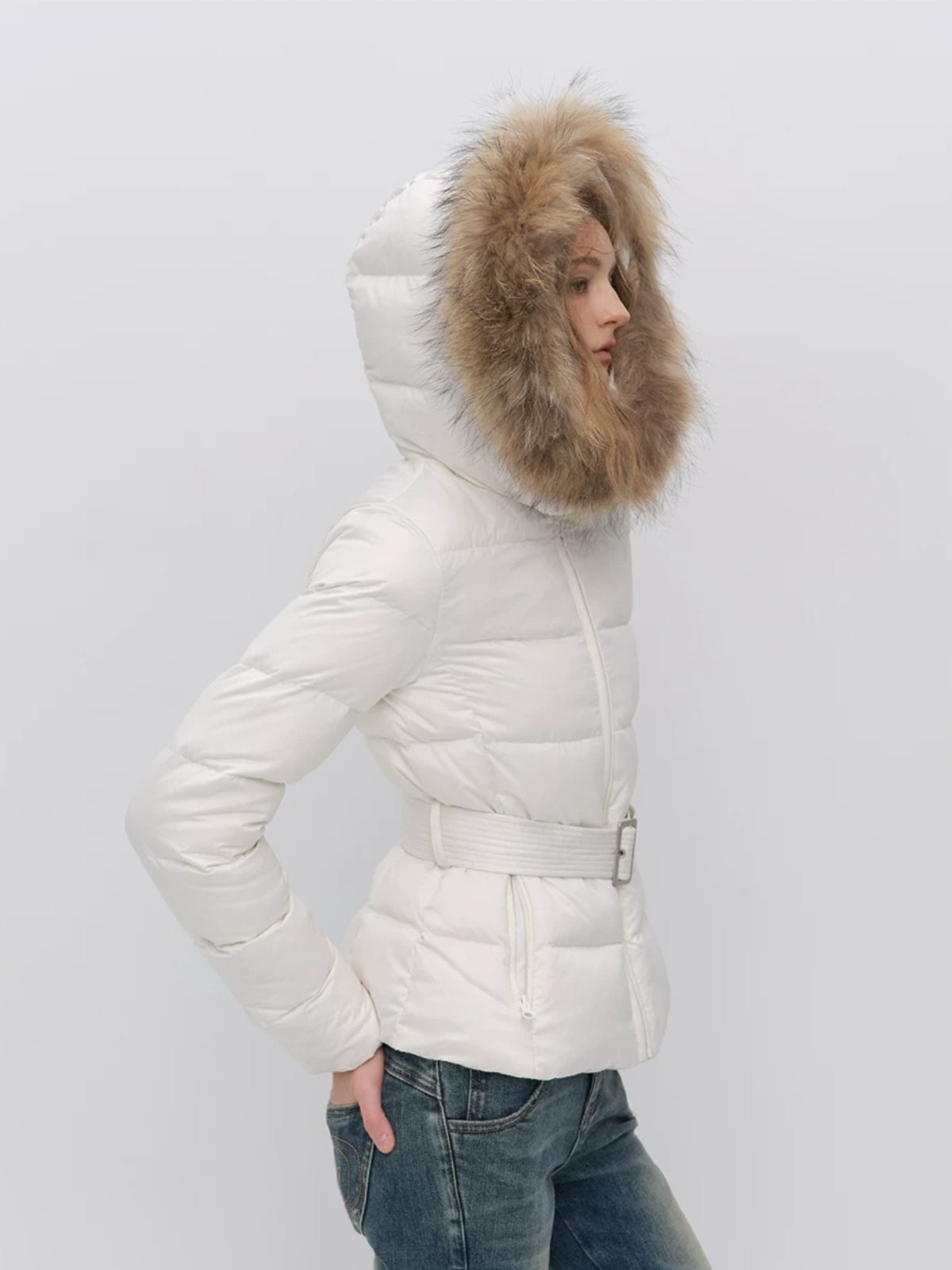 Fur Collar Belted Down Jacket