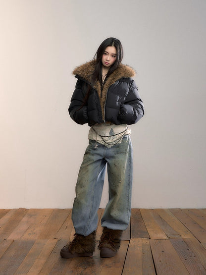 Colorblock Detachable Fur Down Jacket