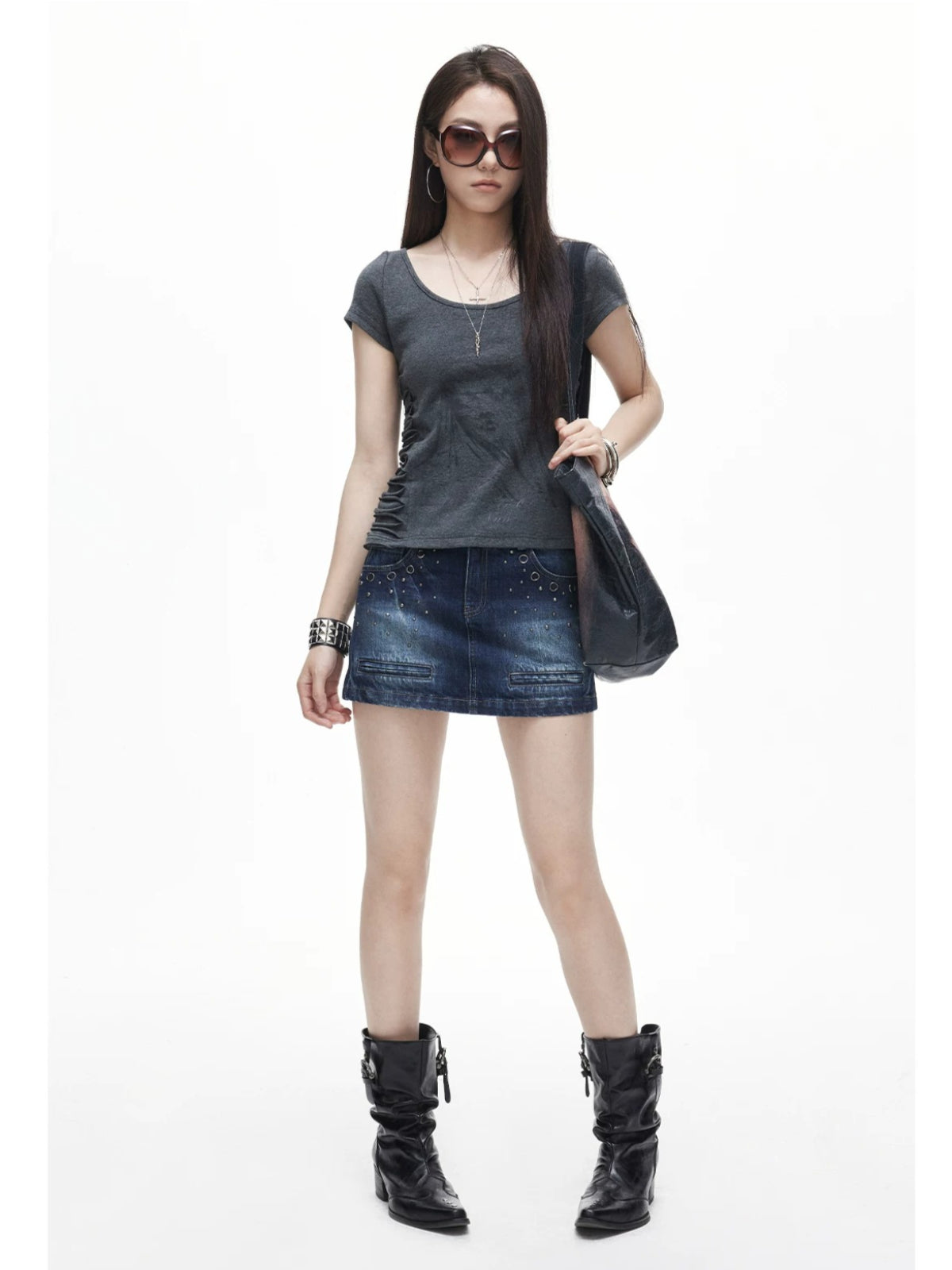 Rivet Washed Denim Mini Skirt