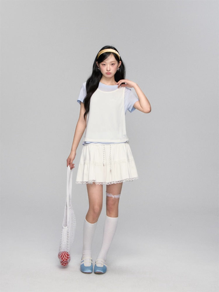 High-waisted Drawstring Lace-spliced Tiered Skirt