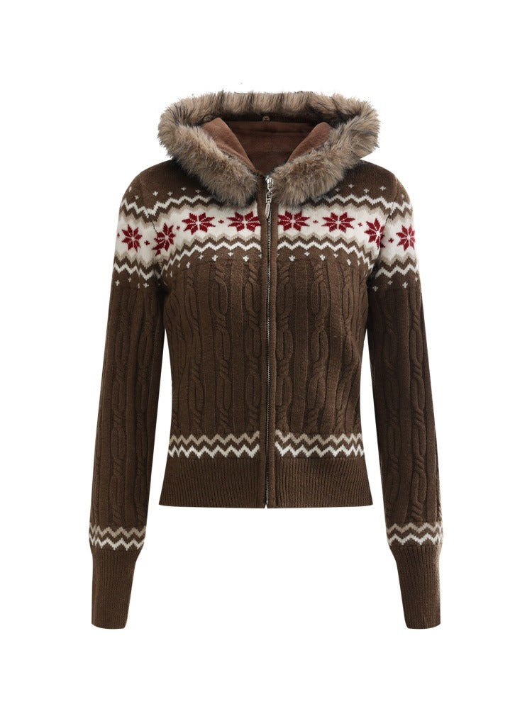 Brown Fair Isle Hooded Cardigan