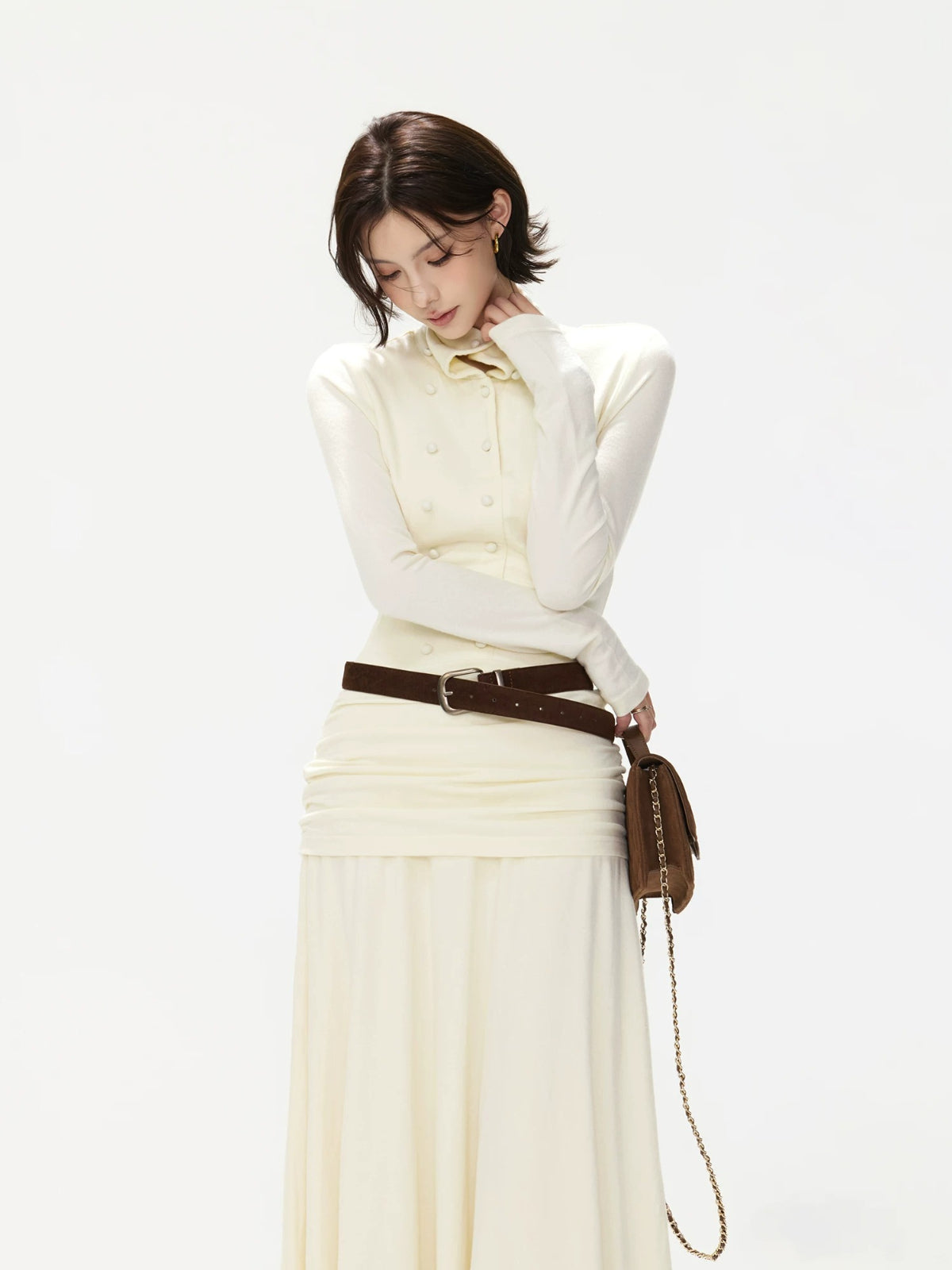 Belted Turtleneck Knit Maxi Dress
