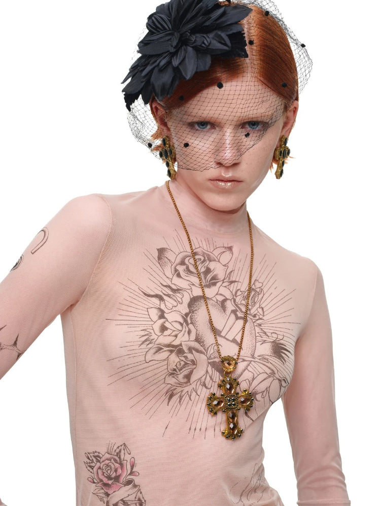 Tattoo Mesh Long Sleeve Top