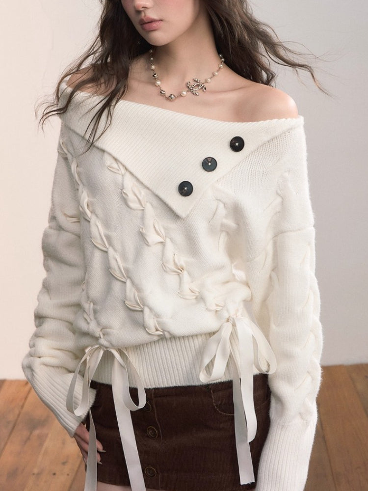 White Off-Shoulder Cross-knit Strap Sweater